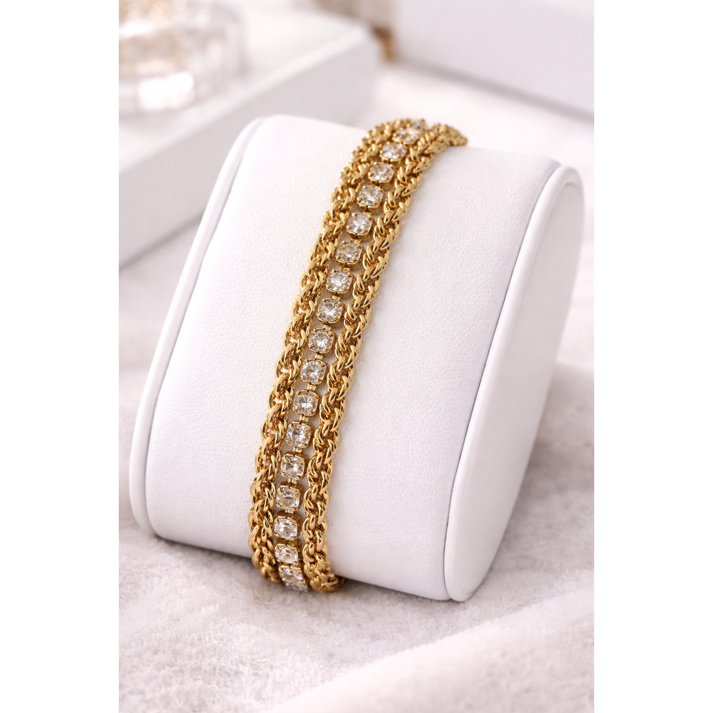 Gold Tone‎ Metal Flexible Bracelet with Rhinestones 7.25" Womens Fashion Jewelry